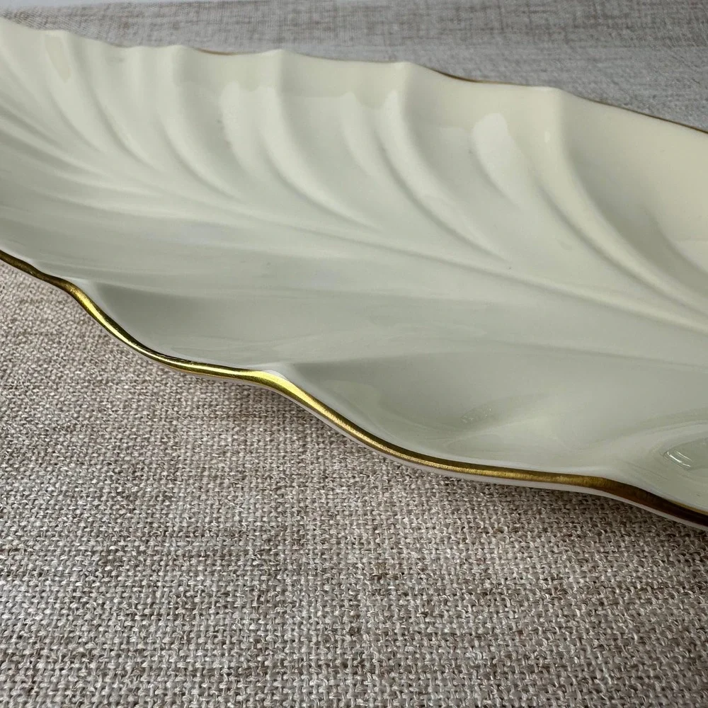 Vintage Lenox Ivory Porcelain Leaf Serving Tray Gold Trim Made in USA